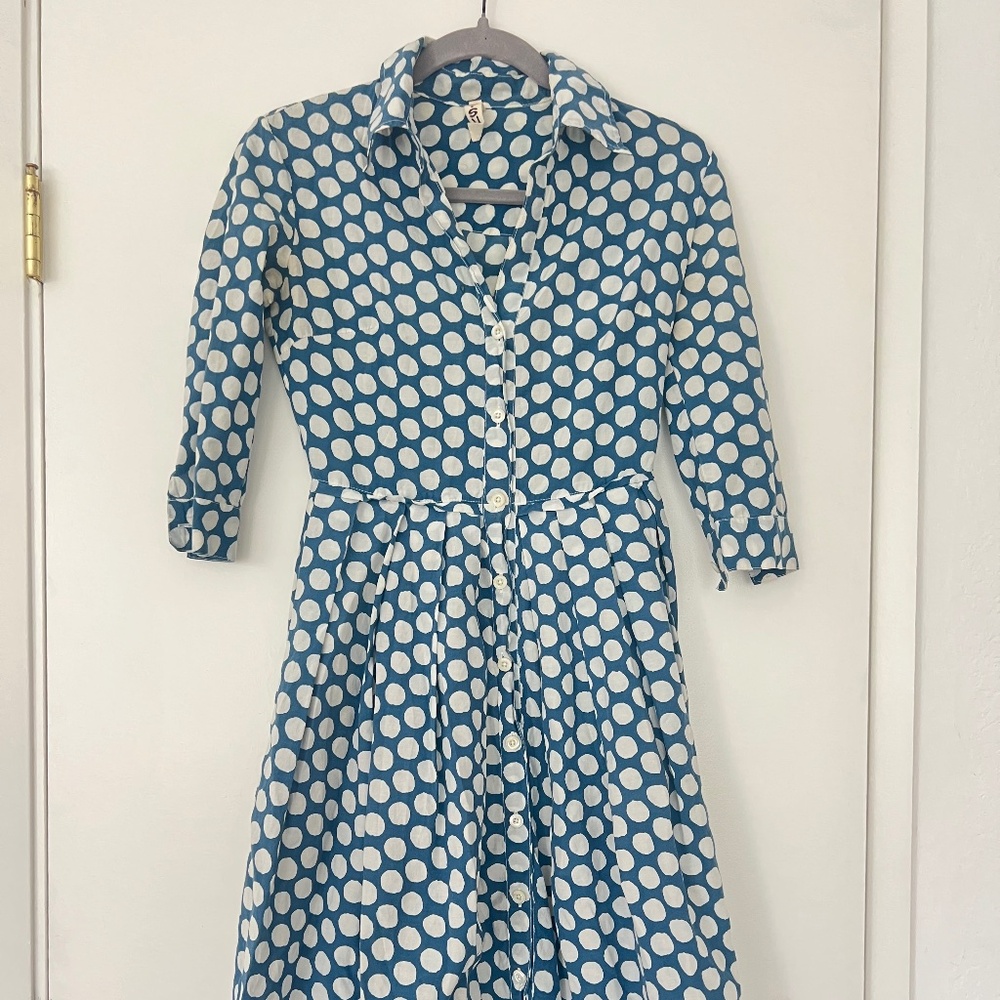 SAMANTHA SUNG Blue and White Polka Dot Long Sleeve Dress